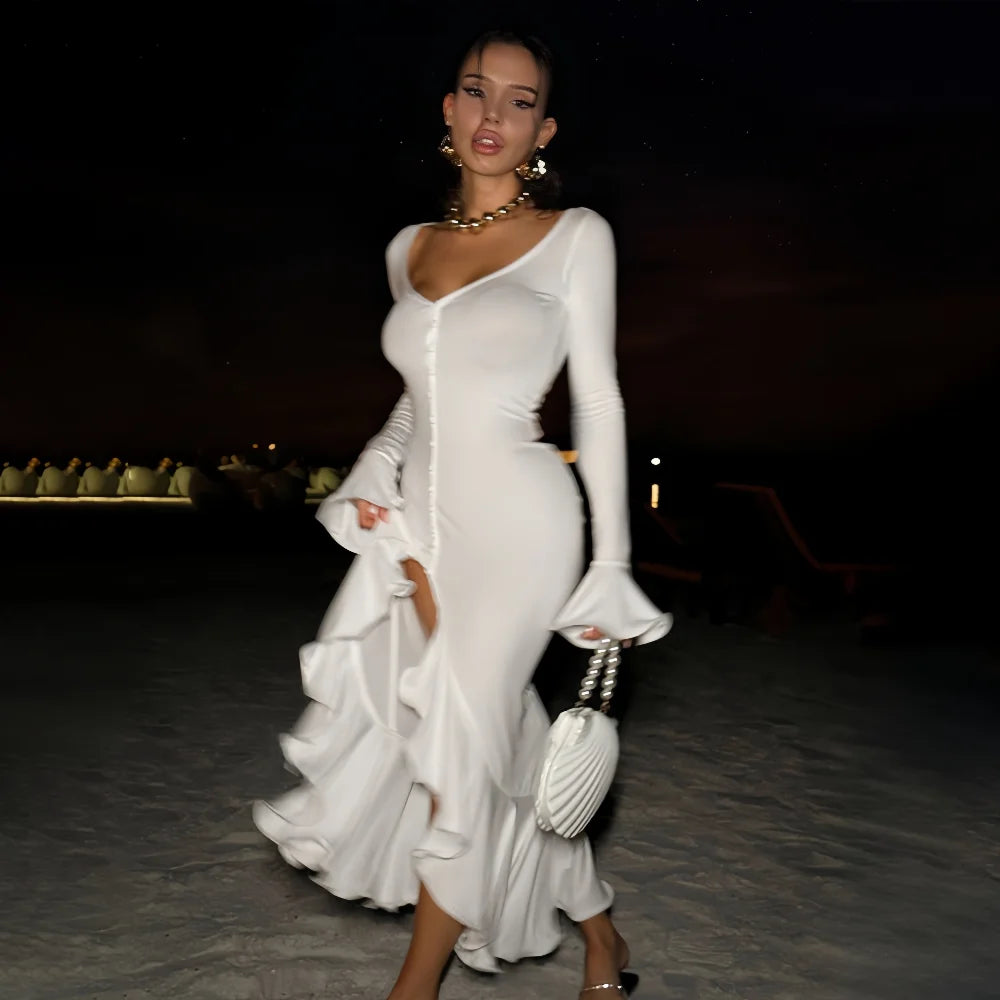 Women's A-Line Bodycon Maxi Dress Ruffles Hem V-Neck Asymmetrical Buttons Long Sleeve Long Dress Party Streetwear Vestido