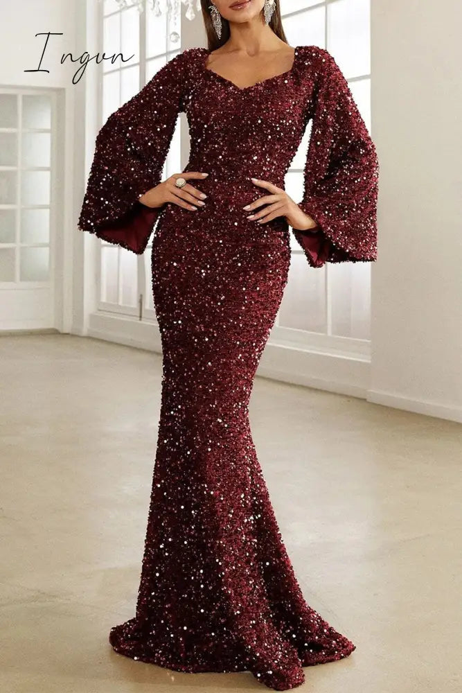 Ingvn - Elegant Formal Solid Sequins V Neck Evening Dress Dresses