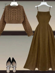 Ingvn - Fall Winter Two Piece Sets Women Outfits Korean Casual Long Sleeve Twist Knitted Short Sweater And Straped High Waist Dress Sets