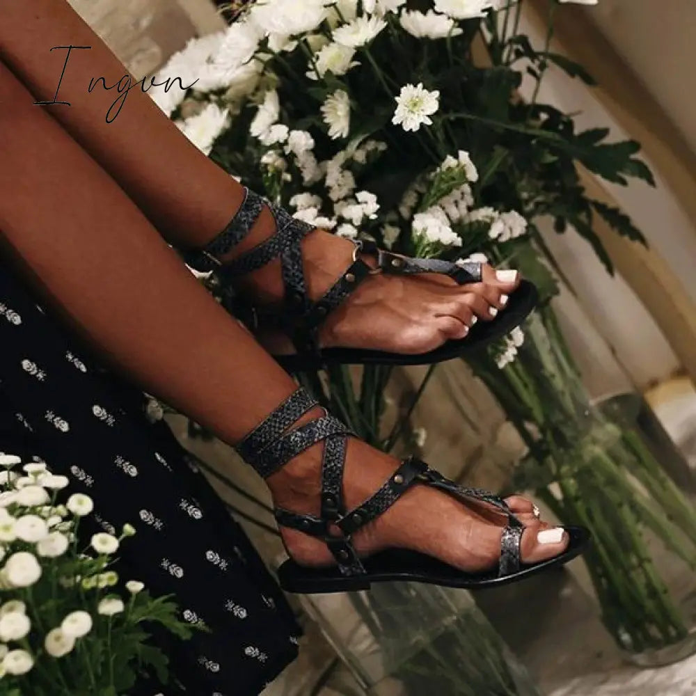 Ingvn - Ankle Strap Flat Heel Strappy Comfortable Sandals