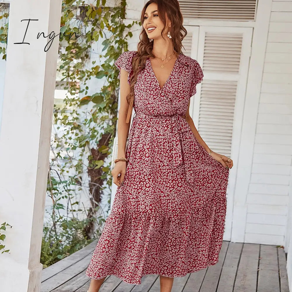 Ingvn - Ladies Vintage Print Chiffon Dress Women Casual Ruffles Long Bohemian Party Beach Summer Dress Women Sundress Female Vestidos