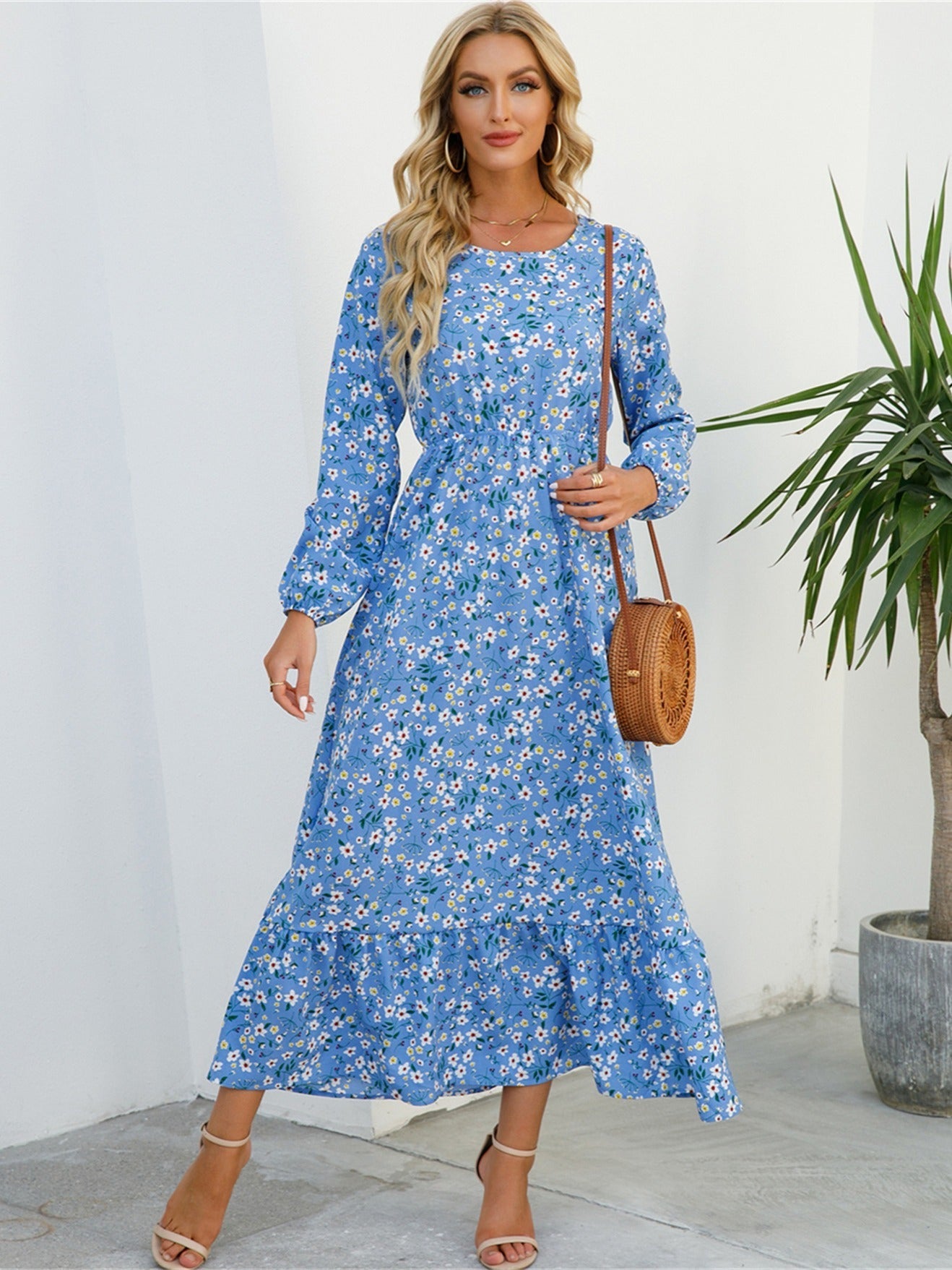 Vibrant Floral Print Long Sleeve Crew Neck Ruffle Dress - Flowy, Bohemian Chic, Casual, Comfortable, Women's Long Dresses for Daily Wear - Perfect for Spring, Summer, and Autumn Seasons