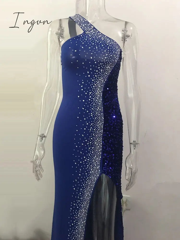 Ingvn - Sexy One Shoulder Backless Diamond Sequin Long Bodycon Dress Women Club Party High Split Sleeveless Elegant Slim Dress