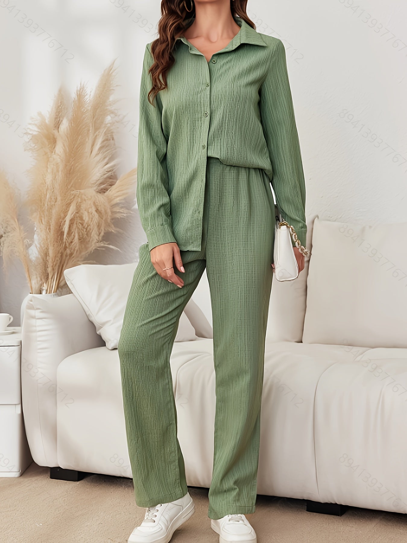 Chic Solid Textured Womens Two-Piece Set - Trendy Button Front Long Sleeve Shirt & Elastic Waist Wide Leg Pants Outfit - Versatile Casual Wear for Fashion-Forward Ladies