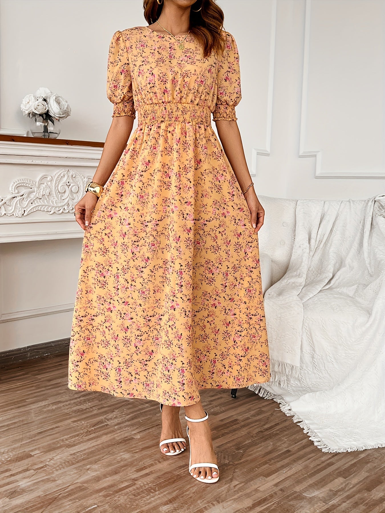 Blossoming floral print dress - Romantic Puff Sleeves & Shirred Bodice - Perfect for Spring/Summer - Flattering Crew Neck - Stylish Womens Casual Wear