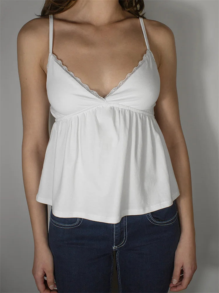 Women's Summer Babydoll Tops Sleeveless Spaghetti Strap Lace Trim Camisole Cami Tank Tops
