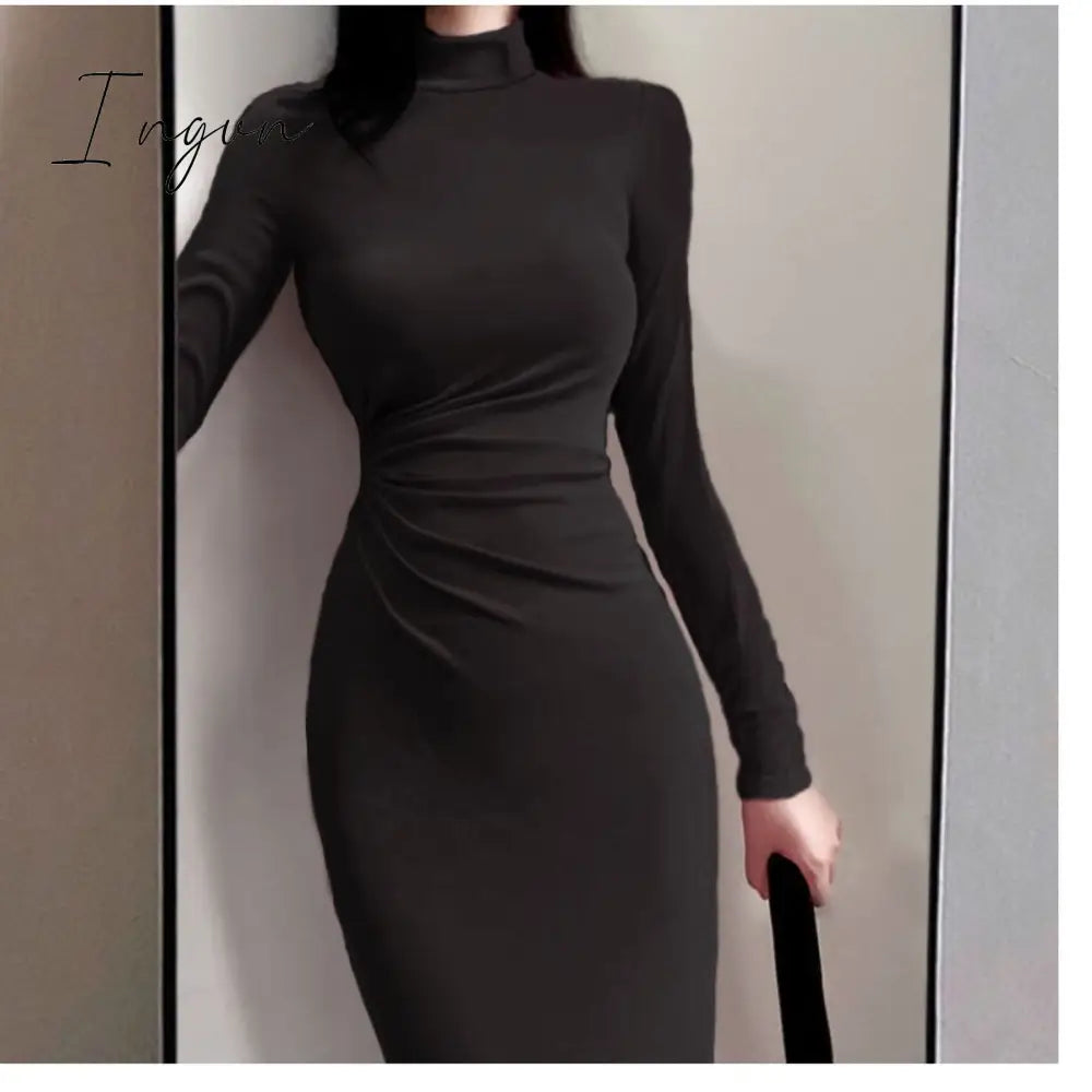 Ingvn - Women Autumn Turtleneck Dress Female Slim Elastic Oversized Basic Bodycon Sweater Dress Ladies Knit Warm Long Party Dresses
