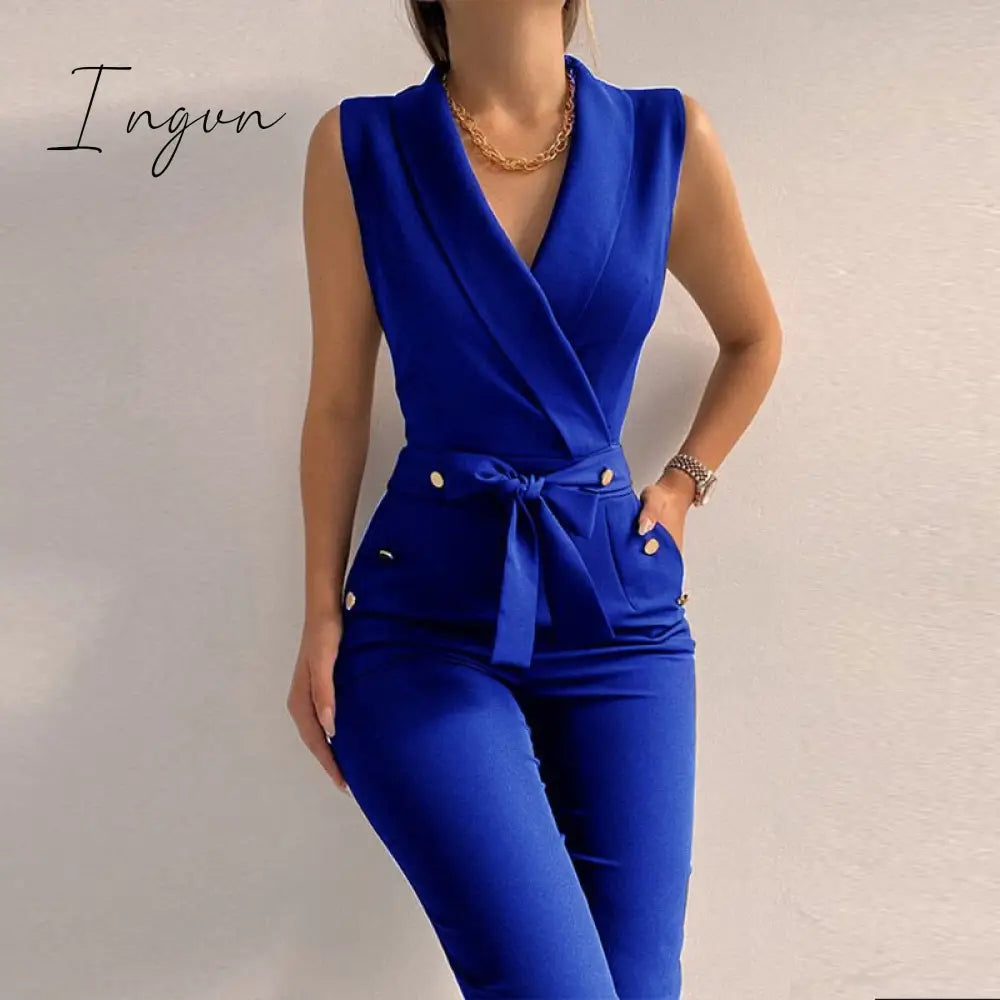 Ingvn - New Solid Casual Women Summer Jumpsuits V-Neck Lace-Up Sleeveless Wide Leg Pants Button Ladies Bodysuits Streetwear