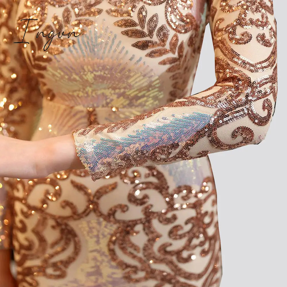 Ingvn - Hot Sale O-neck Long-Sleeve Shinning Sequins Evening Dresses Sexy Backless Mermaid Party Gowns Maxi Elegant Multi Female Robes vestidos