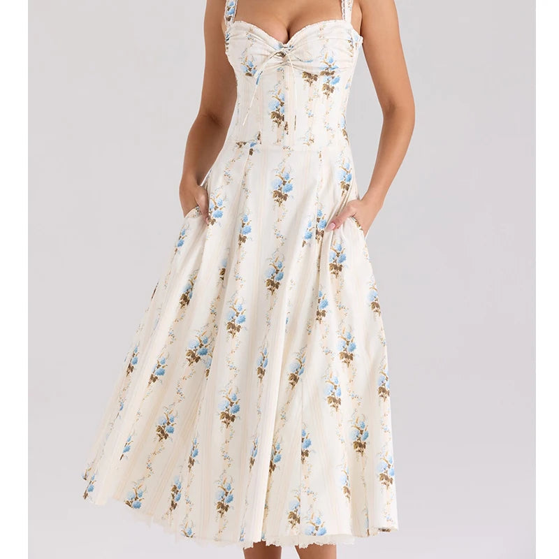 New Fashion Women Floral Print A-line Midi Elegant Party Dresses Sexy Wide Straps Lace Spliced Holiday Summer Dress