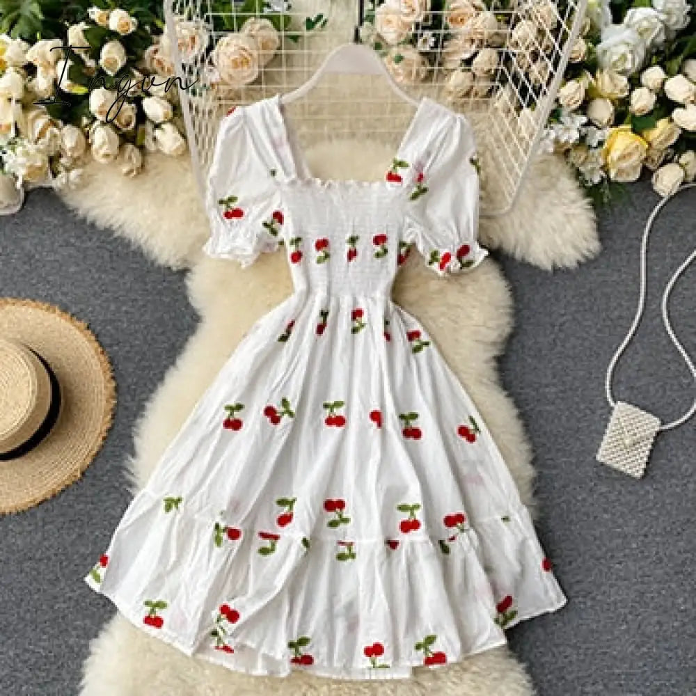 Ingvn - Strawberry Dress Cherry Kawaii Embroidery Puff Sleeve Dress Women Vintage White Square Neck Beach Dresses Korean Clothes