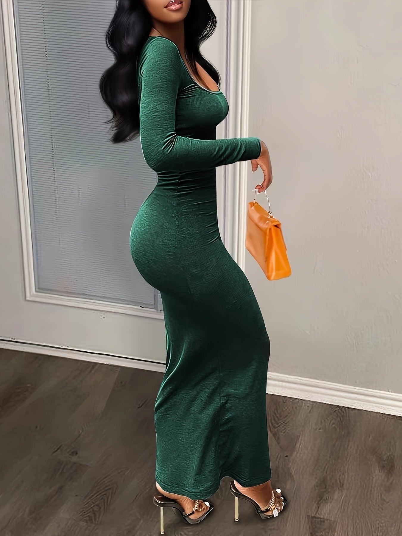 Chic Squared Neck Maxi Dress - Figure-Sculpting Long Sleeve Bodycon - Versatile Solid Color Casual Style - Womens Fashion Must-Have