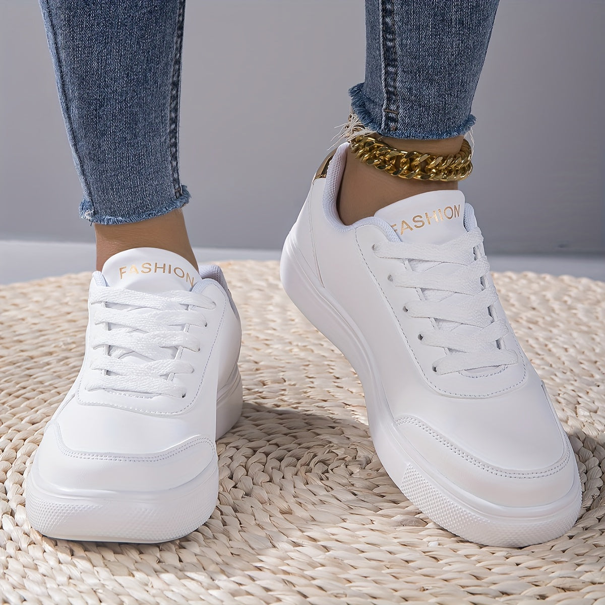 Plus Size Women's White Comfort Low-top Lightweight Flat Soft Sole Lace Up Casual Solid Color Sneakers