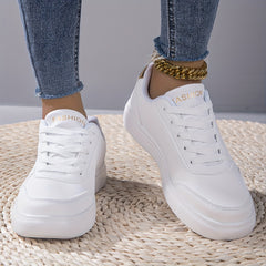Plus Size Women's White Comfort Low-top Lightweight Flat Soft Sole Lace Up Casual Solid Color Sneakers