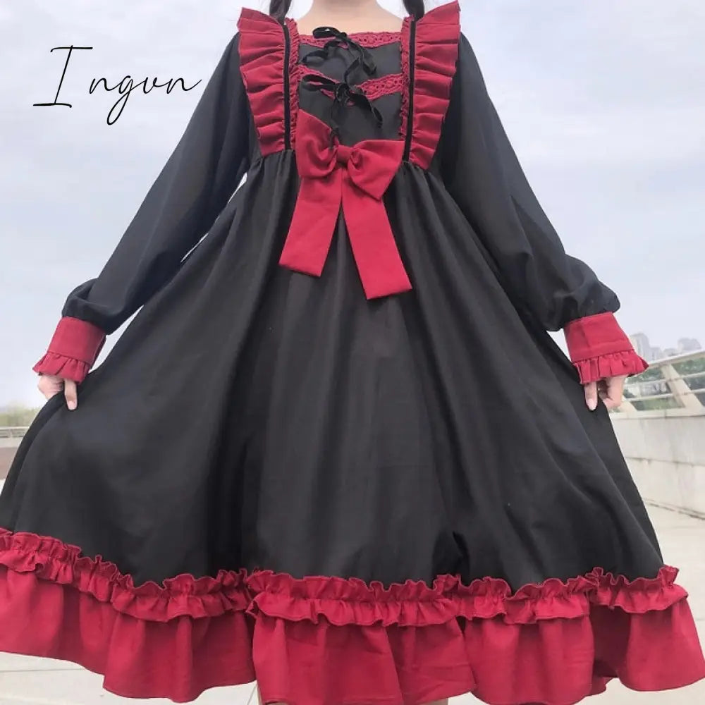 Ingvn - Japanese Harajuku Gothic Bandage Bow Splice Dress Sweet Lolita Girl Cosplay Dress Kawaii Ruffles Bow Women Party Dress