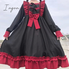 Ingvn - Japanese Harajuku Gothic Bandage Bow Splice Dress Sweet Lolita Girl Cosplay Dress Kawaii Ruffles Bow Women Party Dress