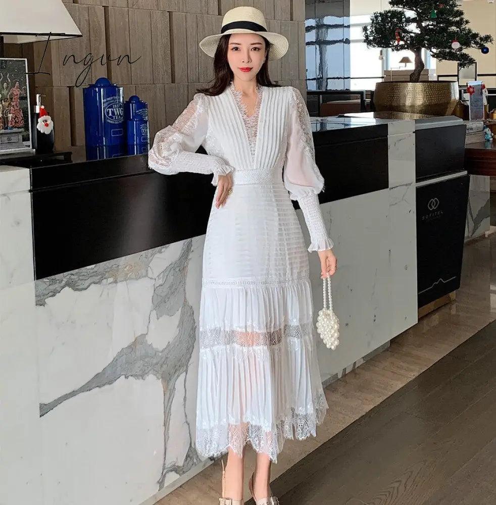 Ingvn - Fashion Runway Women Pleated Party Dress Spring Sexy V Neck Lantern Sleeve Chiffon Patchwork Lace Bodycon Slim Long Dress