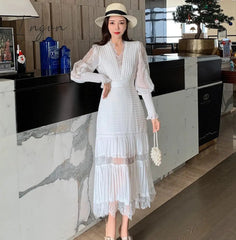 Ingvn - Fashion Runway Women Pleated Party Dress Spring Sexy V Neck Lantern Sleeve Chiffon Patchwork Lace Bodycon Slim Long Dress