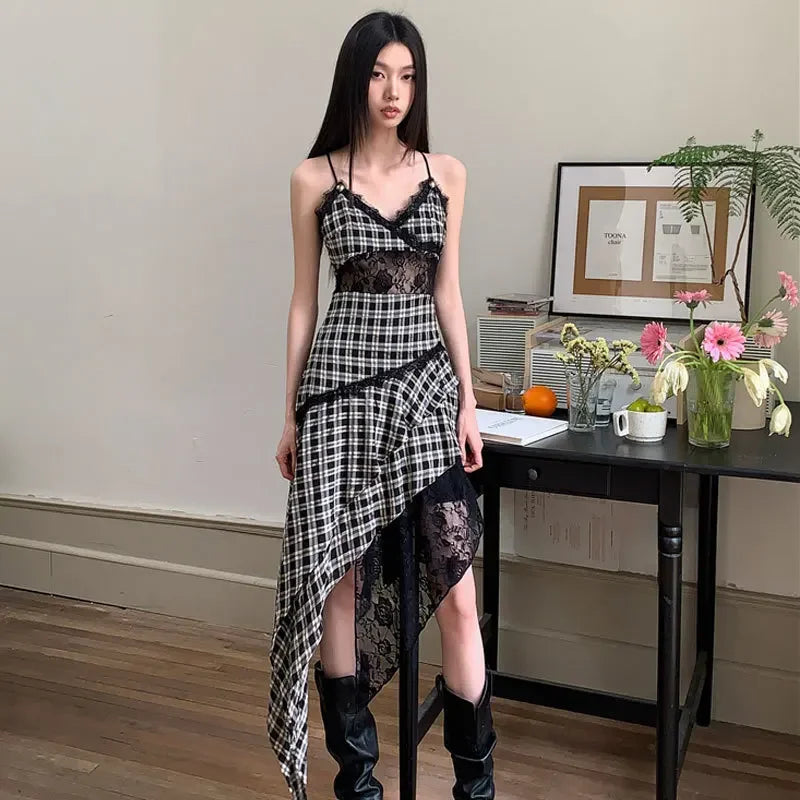 Black And White Plaid Women's Dress Lace Splicing Irregular Hem Slimming Strap Long Dress Design Sense Niche Sleeveless
