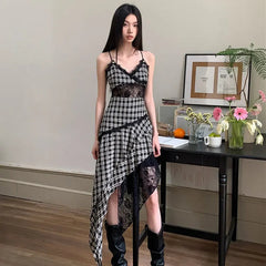 Black And White Plaid Women's Dress Lace Splicing Irregular Hem Slimming Strap Long Dress Design Sense Niche Sleeveless