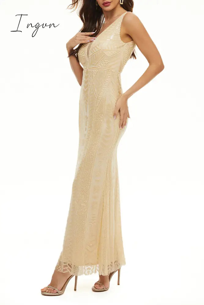 Ingvn - Elegant College Patchwork Sequins V Neck Evening Dress Dresses