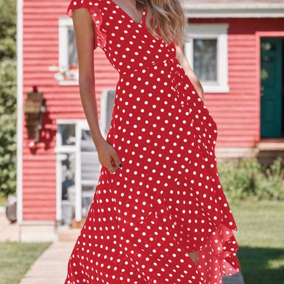 Women's A-Line Dot Polka Print Long Dress V-Neck Wedding Guest, Graduation, Party Maxi Dress