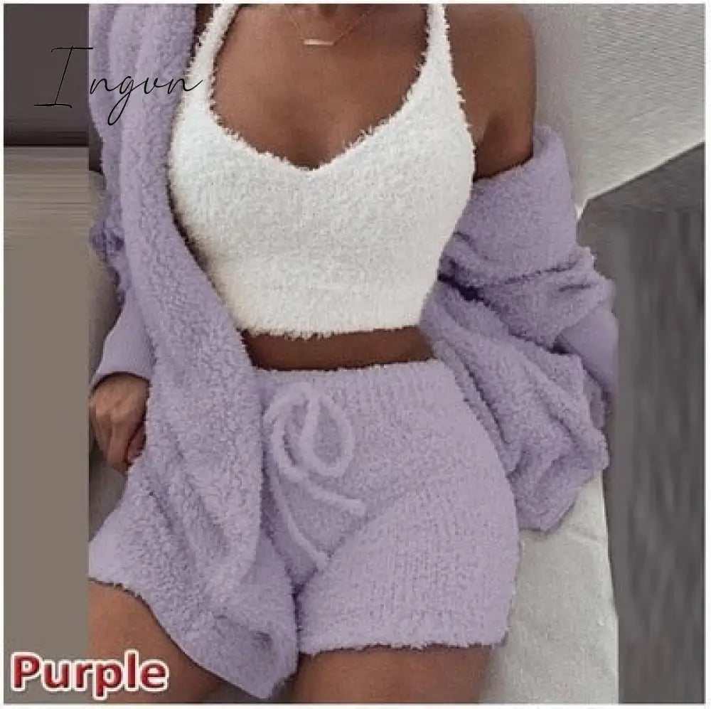 Ingvn - Three Piece Sexy Fluffy Outfits Plush Velvet Hooded Cardigan Coat+Shorts+Crop Top Women Tracksuit Sets Casual Sports Sweatshirt