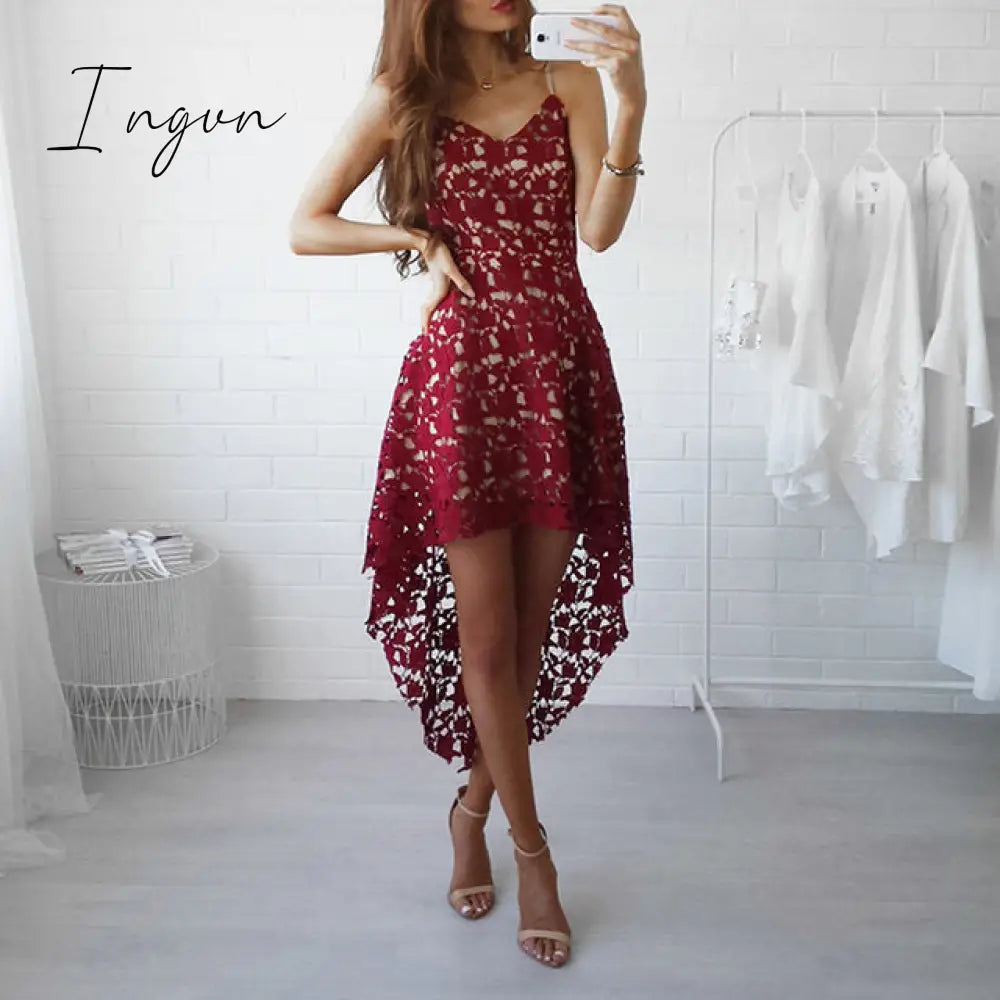 Ingvn - Women Fashion Trends Off Shoulder Lace Patchwork Elegant Dress Women Summer V Neck Spaghetti Strap Dress Female New Fashion Solid Party Dresses