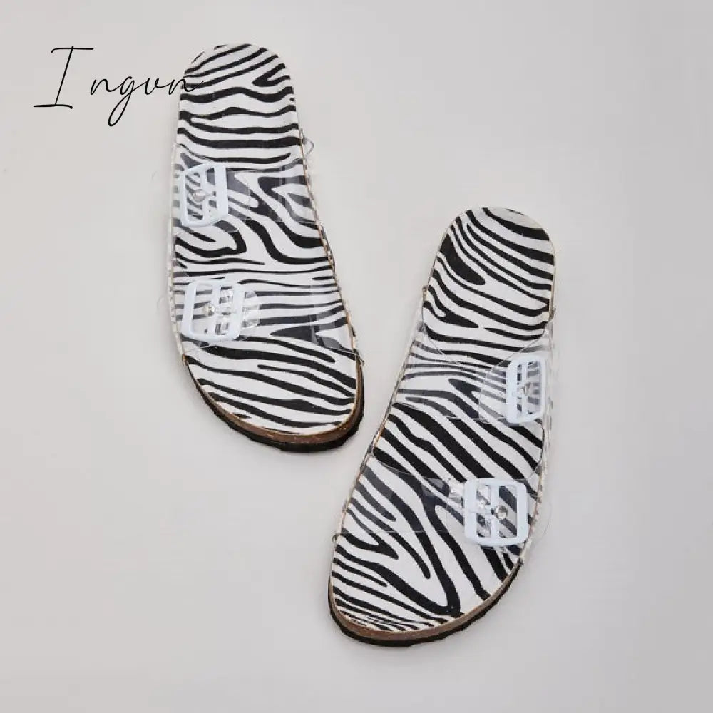 Ingvn - Clear Straps Silver Buckles Cheetah Slippers