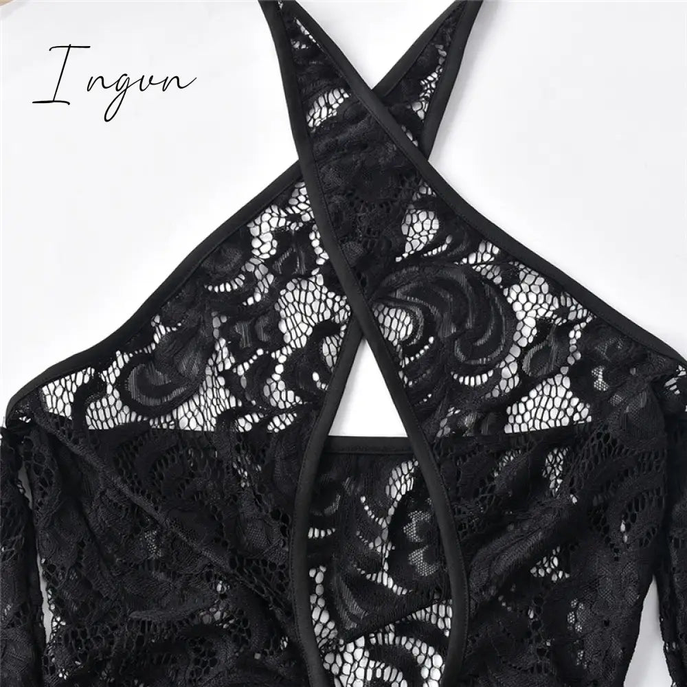 Ingvn - Tassel Stitching Sexy Dress For Women Evening Clubbing Party Square Collar Halter Hollow Out Backless Lace Mini Dress