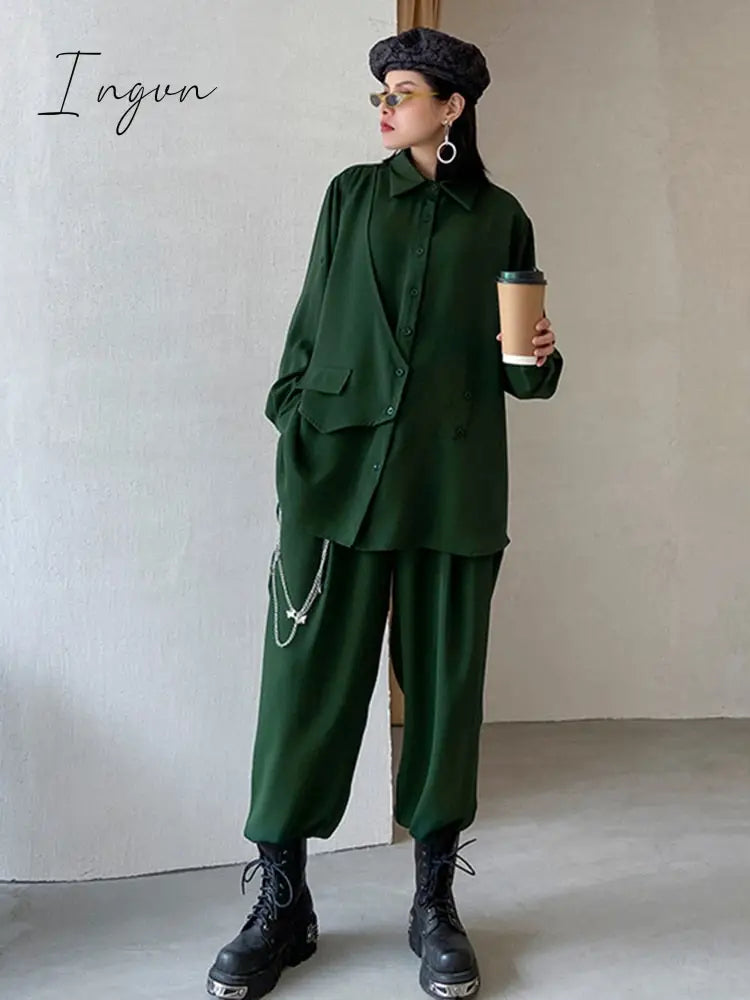 Ingvn - Wide Leg Pants Irregular Big Size Two Piece Suit New Lapel Long Sleeve Loose Fit Women Fashion Spring Autumn