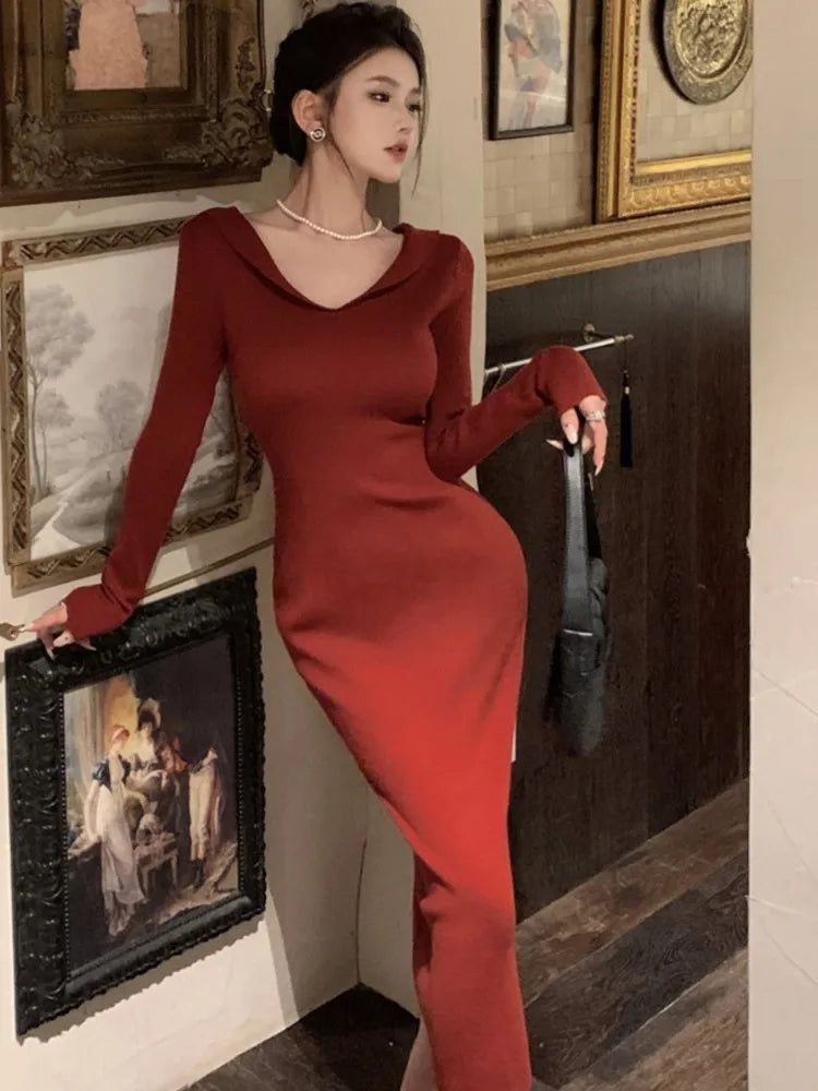 Elegant Knitted Dresses for Women Vintage V-Neck Long Sleeves Party Midi Dress Autumn Solid Prom Vestidos Female Casual Clothing