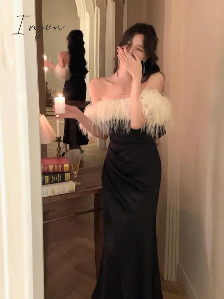 Ingvn - 2023 France Vintage Luxury Wedding Formal Occasion Dresses Women Autumn New Sexy Bodycon Bandage Party Midi Dress Office Lady