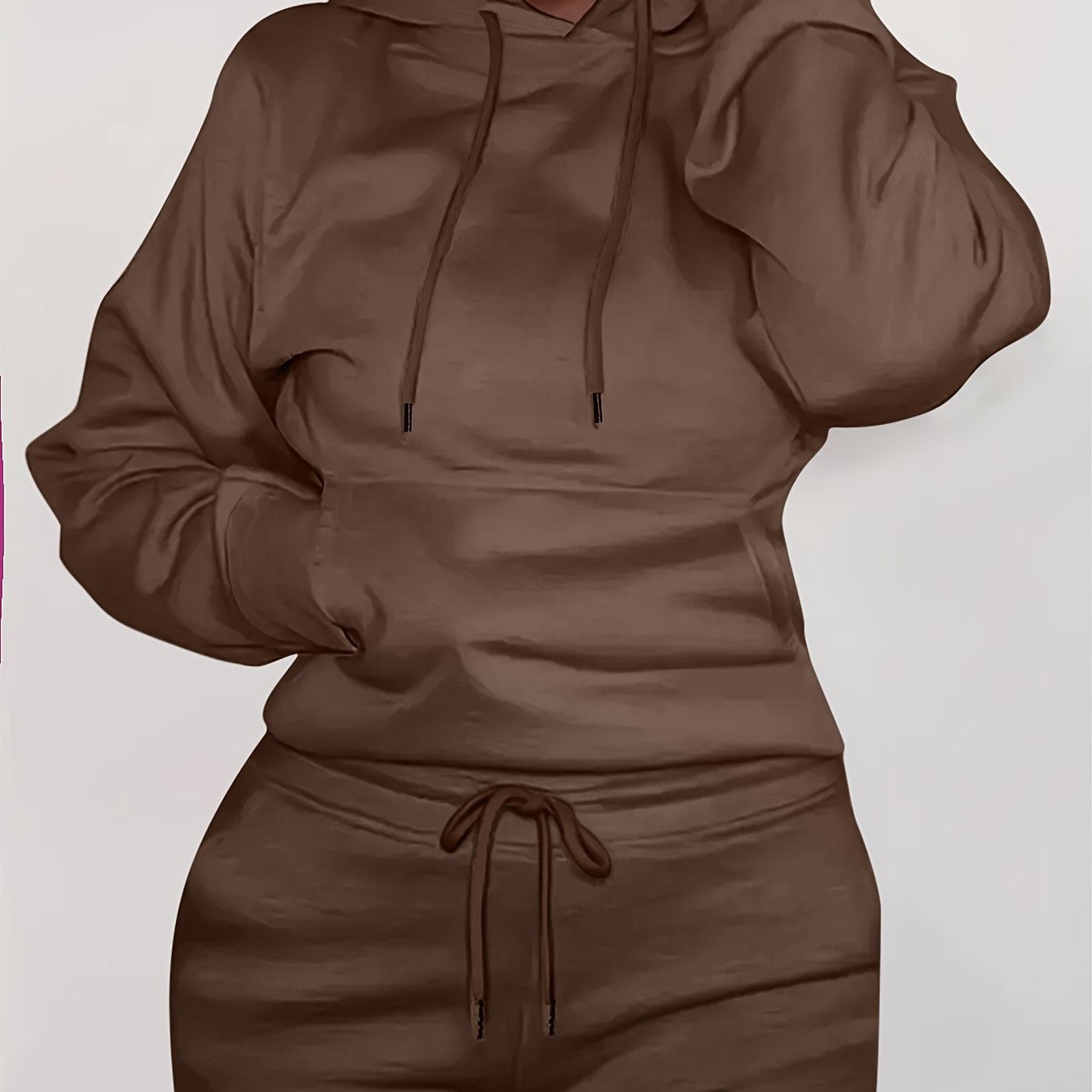 Solid Kangaroo Pocket Hoodie Without Pants, Casual Long Sleeve Drawstring Hoodies Sweatshirt, Women's Clothing