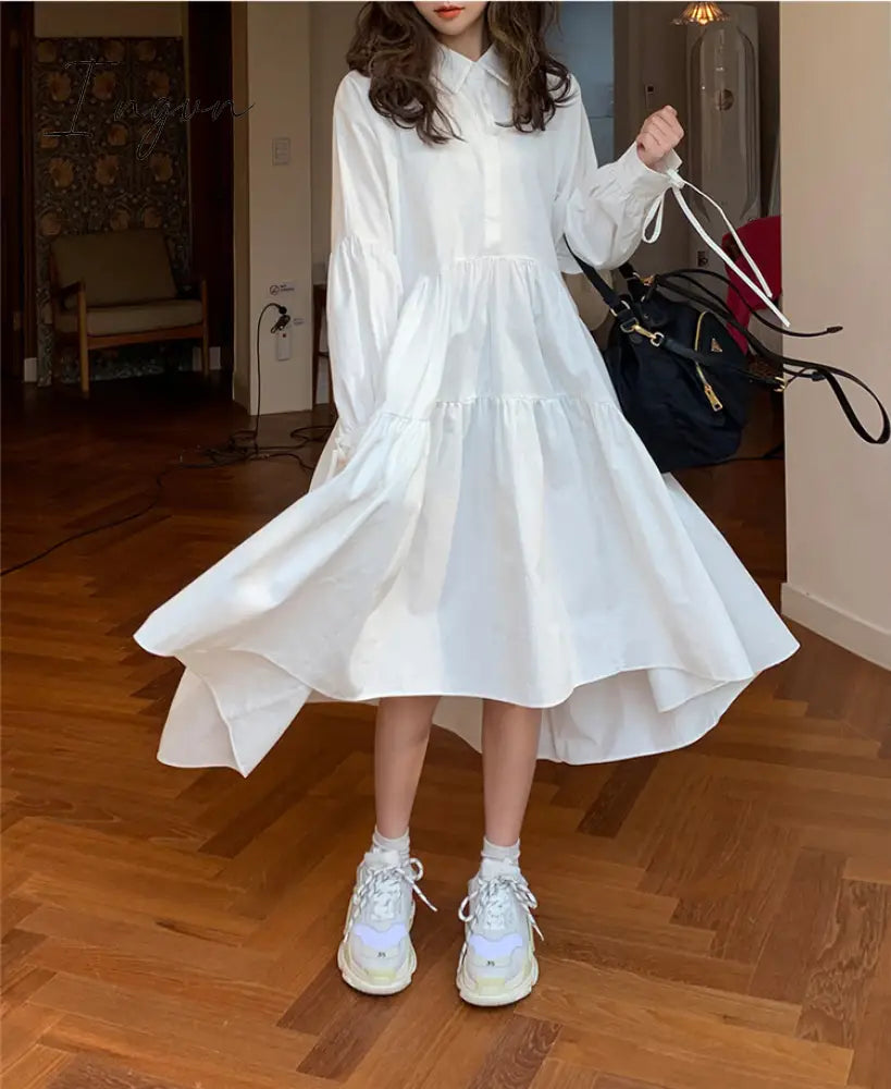 Ingvn - Women Dress Long Sleeve Spring Autumn Vintage Designer Collar Lapel Button Up Ruched Ruffles Cotton White Dresses Female Clothes