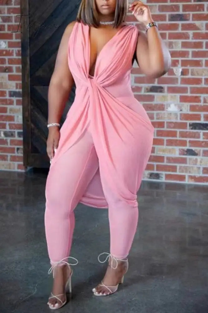Ingvn - Black Sexy Casual Solid Patchwork See-through V Neck Plus Size Jumpsuits