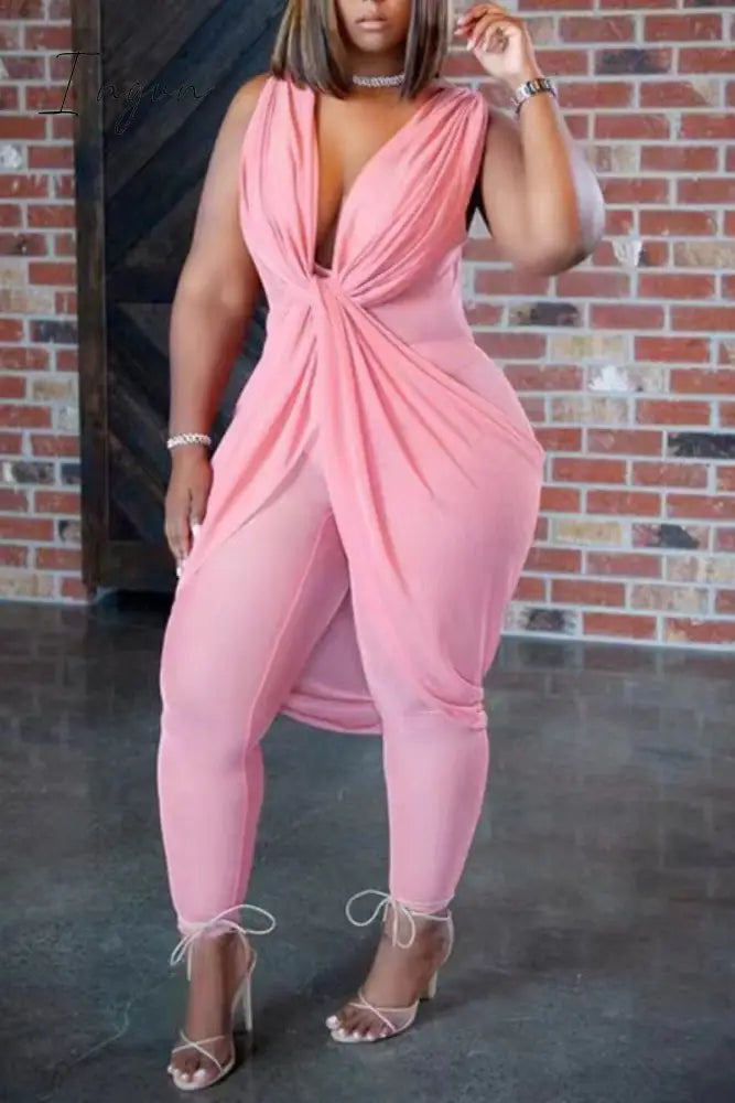 Ingvn - Black Sexy Casual Solid Patchwork See-through V Neck Plus Size Jumpsuits