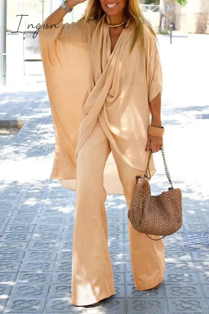 Ingvn - Casual Solid Patchwork Fold Asymmetrical V Neck Half Sleeve Two Pieces(5 colors)
