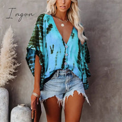 Ingvn - Summer Fashion Oversized Deep V-neck Women's Shirt Tie Dye Vintage Print Button Batwing Sleeve Top Female Casual Loose Cardigan