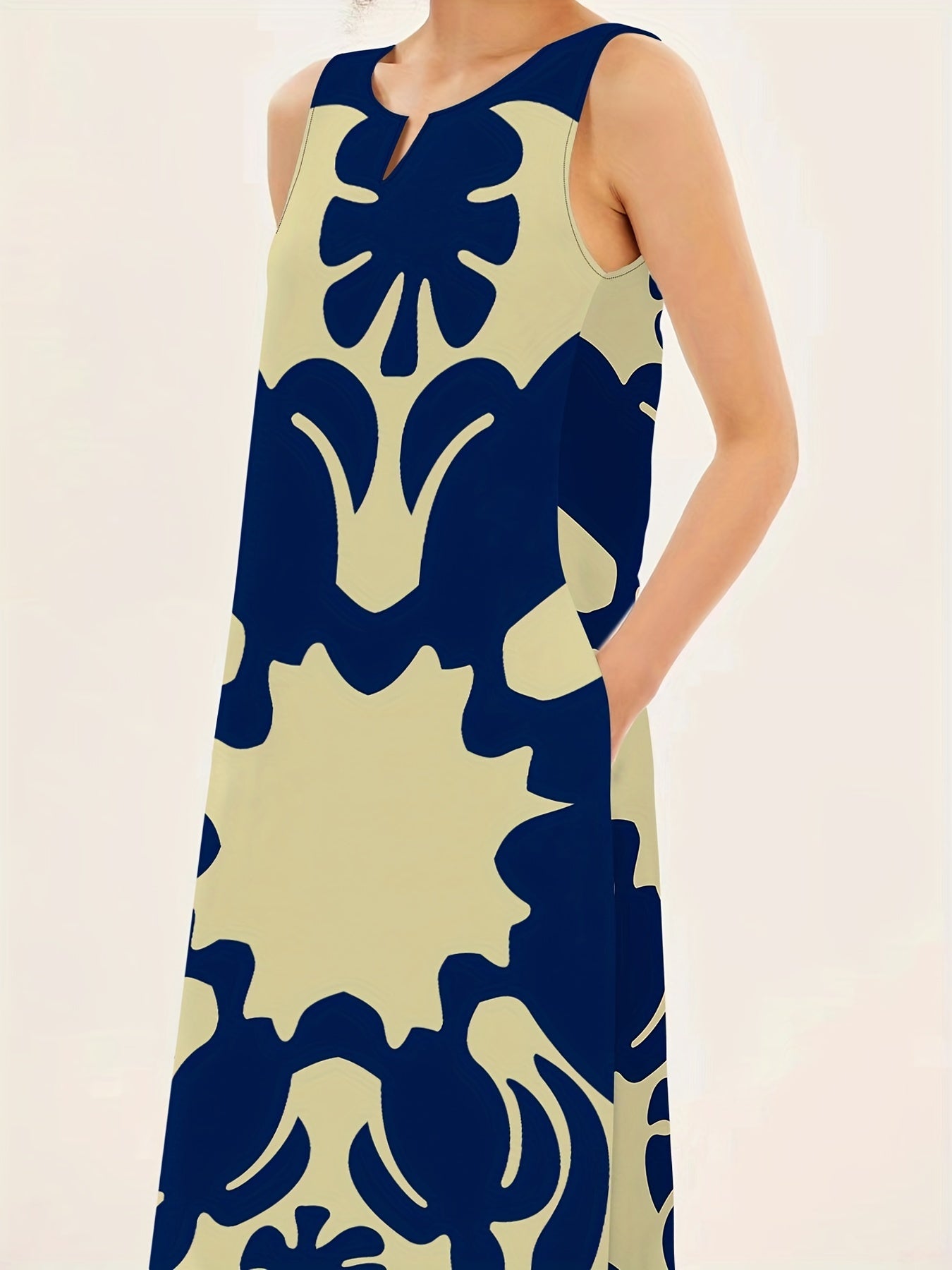 Boho Chic Sleeveless V-Neck Maxi Dress - Eye-Catching Graphic Print, Perfect for Spring & Summer - Womens Airy Beachwear