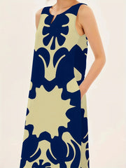 Boho Chic Sleeveless V-Neck Maxi Dress - Eye-Catching Graphic Print, Perfect for Spring & Summer - Womens Airy Beachwear