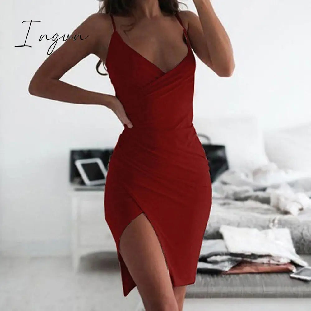 Ingvn - Women Deep V Neck Club Sexy Bodycon Dress Women Ruched Backless Cross Red Black Party Bandage Mini Summer Dress Vestidos