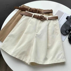 Ingvn - Summer Wide Leg Shorts Women Office High Waist Suit Shorts Beige Oversize Loose Button Solid Classic Casual Shorts With Belt New
