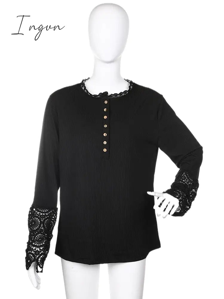 Ingvn - Lace Splicing Top Long Sleeve T Shirt Woman Button Slim Tops Tee Autumn Spring Patchwork Sleeve T-shirt Women Sexy Streetwear