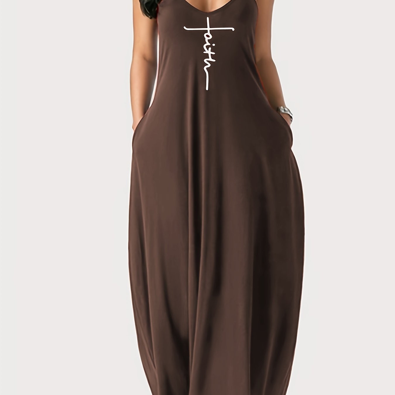 Faith Print Backless Spaghetti Strap Dress - Stylish V Neck Loose Fit for Women - Versatile Casual Summer Wear