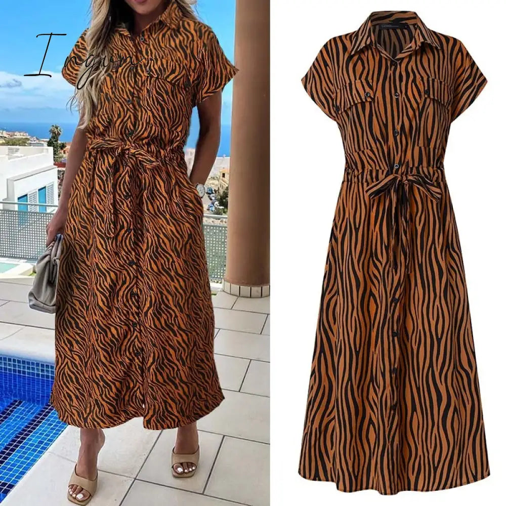 Ingvn - Summer Sundress Women Elegant Dress Plus Size Short Sleeve Casual Loose Buttons High Waist Work Midi Vestidos Robe
