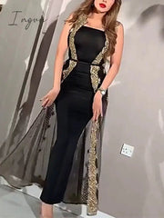 Ingvn - Summer Outfits Two Piece Set Sexy Night Club Strapless Dress Women Slim Fit Sheath Perspective Mesh Split Shawl Bodycon Party Prom Vestidos