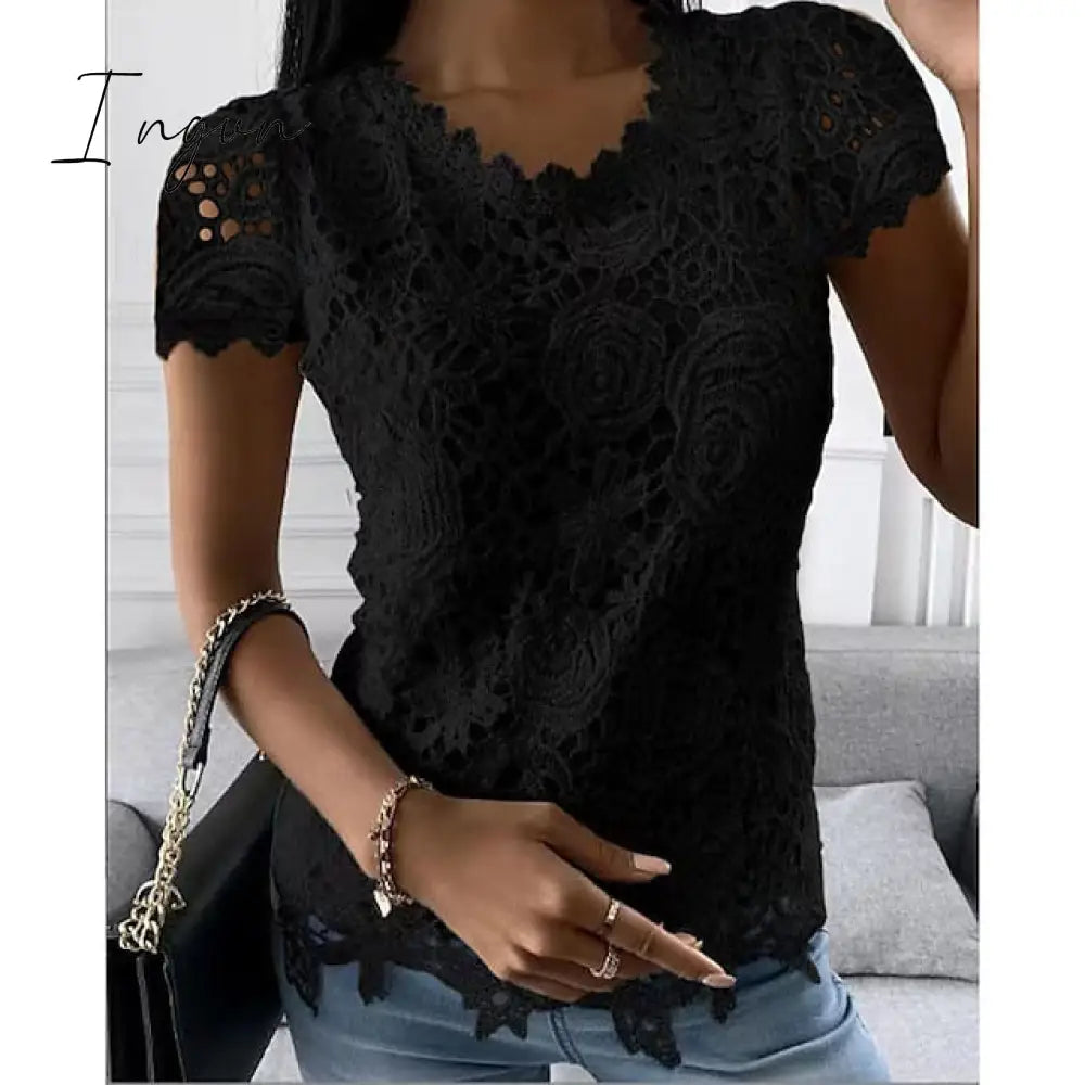 Ingvn - Women's Shirt Blouse Black White Pink Plain Lace Short Sleeve Casual Basic Round Neck