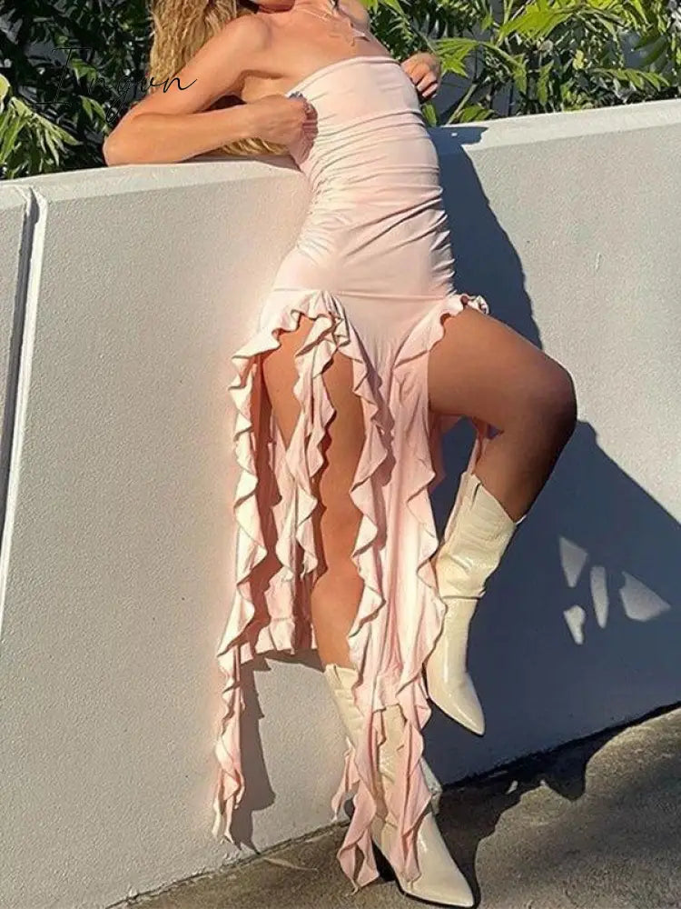 Ingvn - Irregular Ruffle Bandeau Maxi Dress