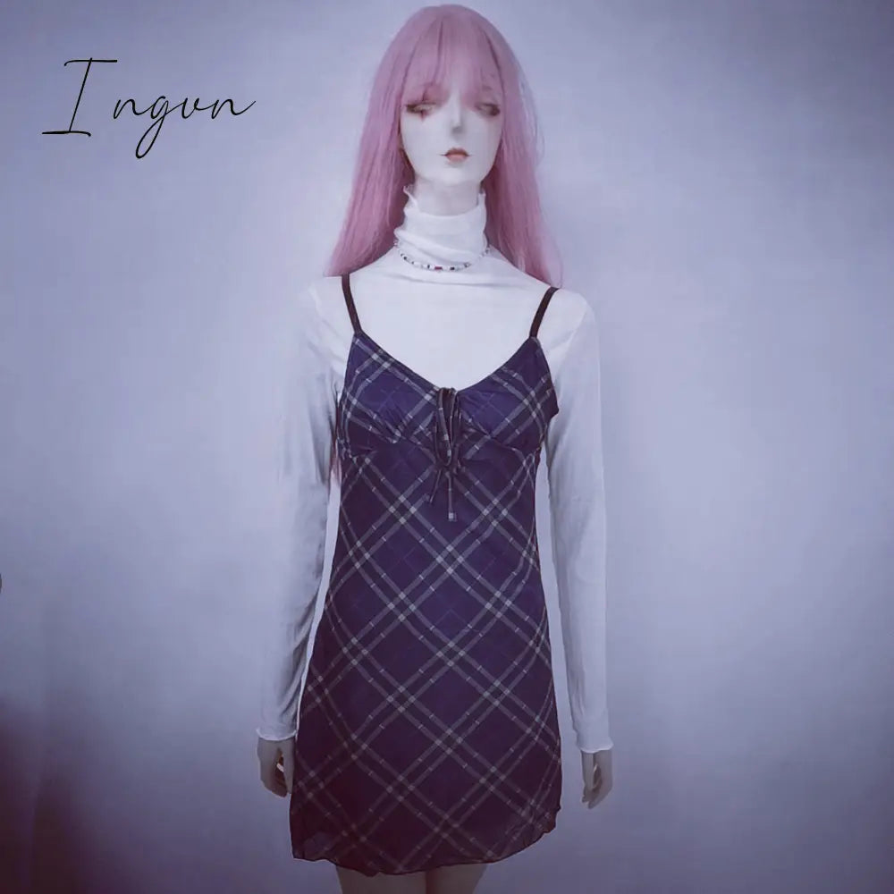 Ingvn - E-Girl 90s Spaghetti Strap Bandage Front Ruffles Plaid Dresses Vintage Mesh V-neck Backless A-line Mini Dress Partywear